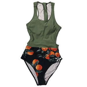 Cupshe Womens One Piece Swim Suit Racerback Green Black Oranges Size Medium